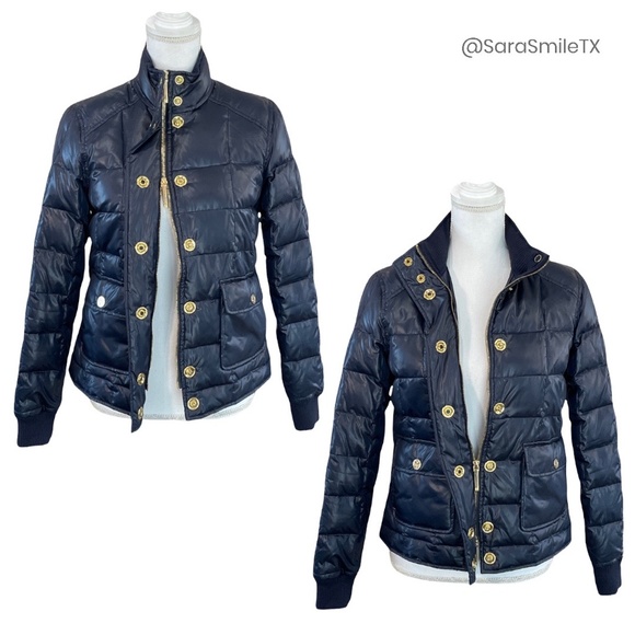 TORY BURCH Authentic Navy Blue Goose Down Puffer Gold Button Winter Coat - Picture 9 of 14